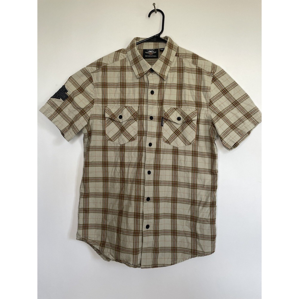 Harley Davidson Mens Casual Sz Med Tan Plaid Button Up